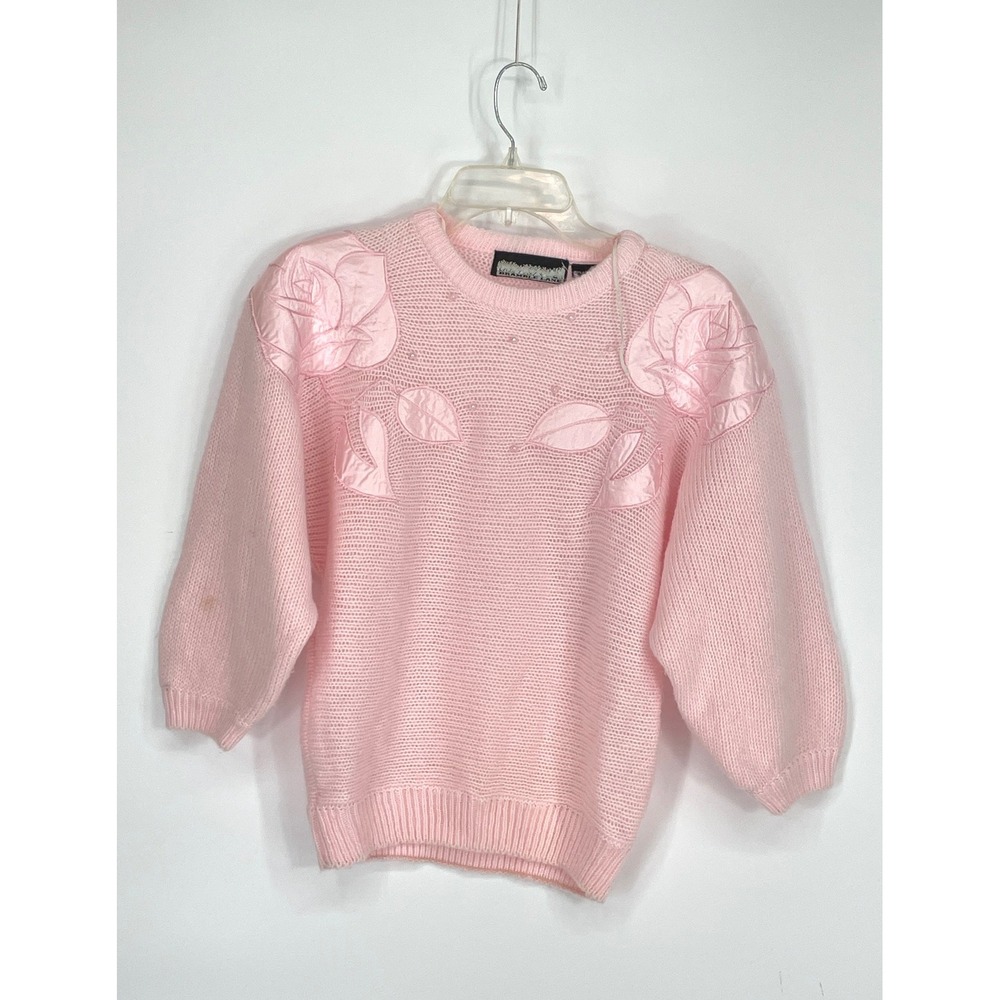 Bramble Lane Women 90's M Pullover Pink Satin Rose Applique Pearl Knit